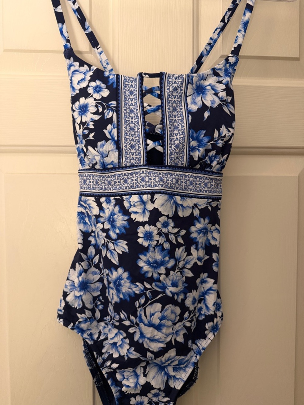 Lands' End Navy and White Floral Lace-Up One-Piece Swimsuit